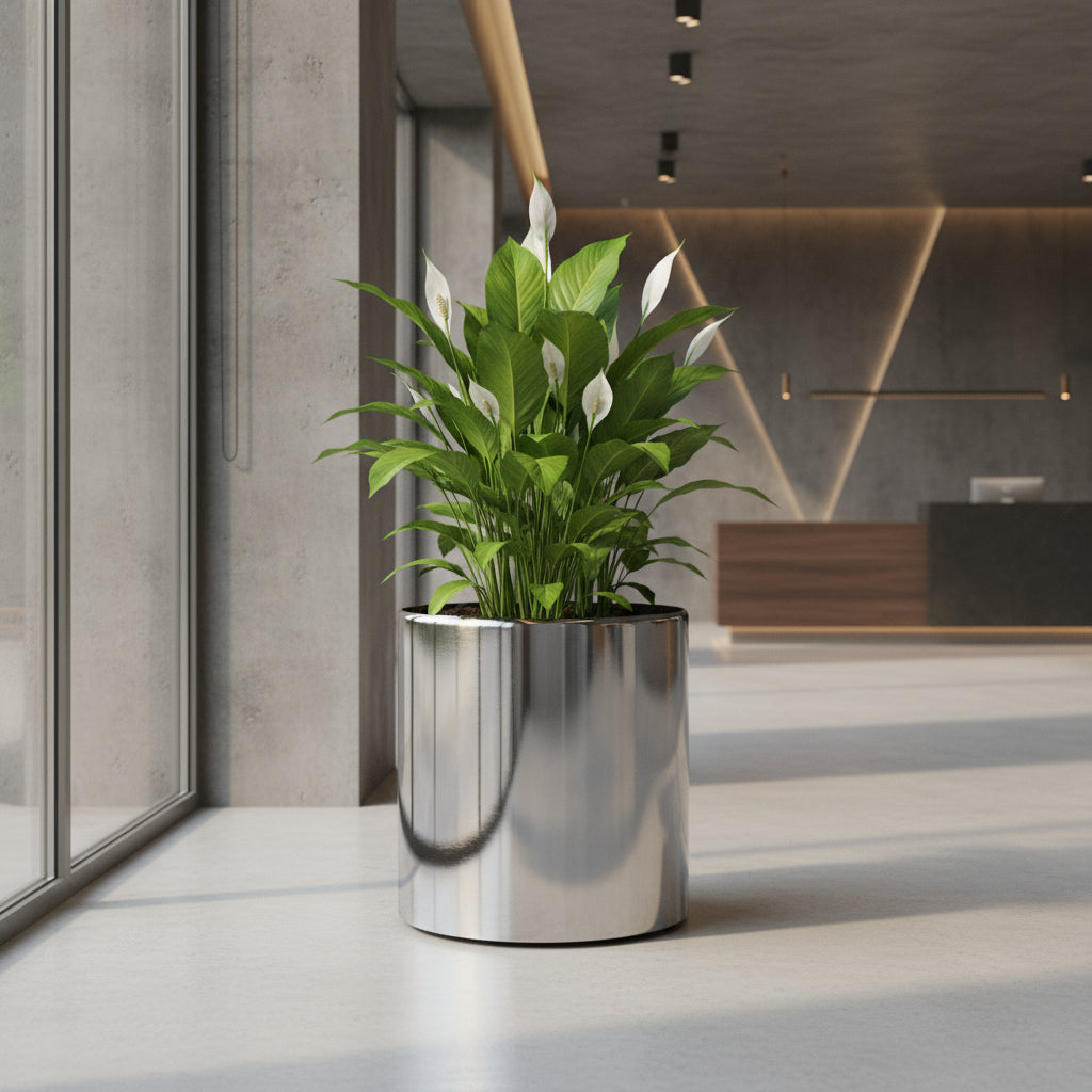 Aluminum Round Planter - Chrome Finish - THE GARDEN CENTRE