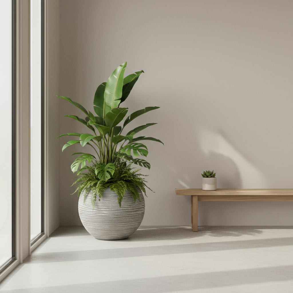 KAP Ribbed GLOBE Planter 40cm x 32cm -Grey - THE GARDEN CENTRE
